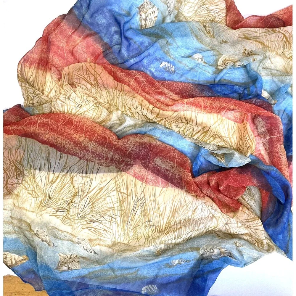 Vintage Scarf SHELLS Nautical Beach Labels removed 60x42 Blue Red Tan Soft Silky